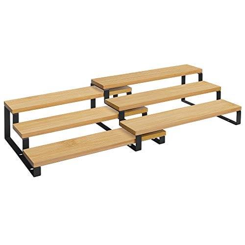 Spice Rack, Uppsättning Av 2 Skåpshyllorganisatörer, 3-t-utdragbar Kryddhållare, Bambu, Stapelbar, För Skafferi, Skåp, Bänkskiva, Naturlig Och Svart