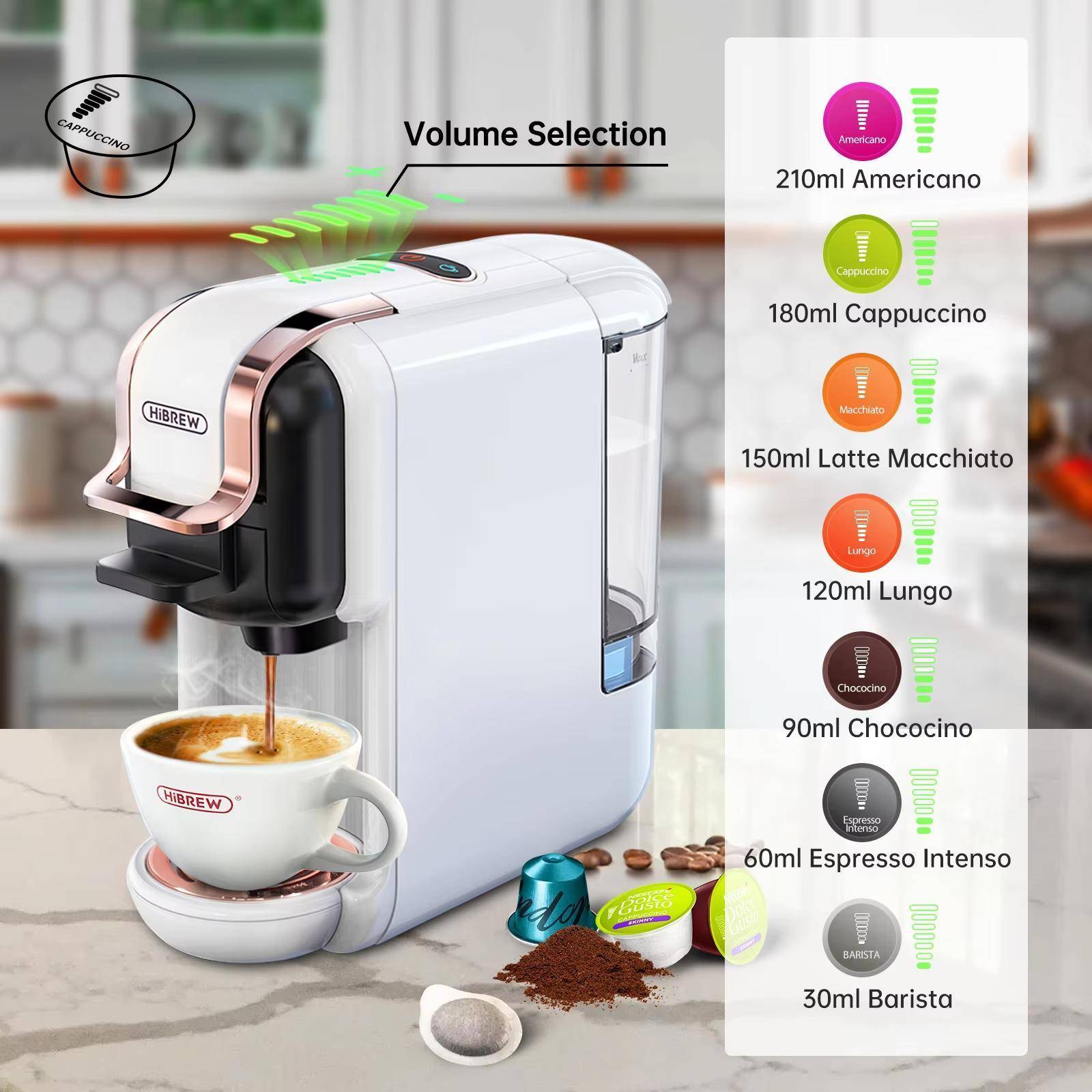 H2B Multi kapselkaffemaskin, Varm/Kall Dolce Gusto Mjölk Nespresso Kapslar ESE-kapsel Malning av Kaffe 20Bar 5-i-1 vit