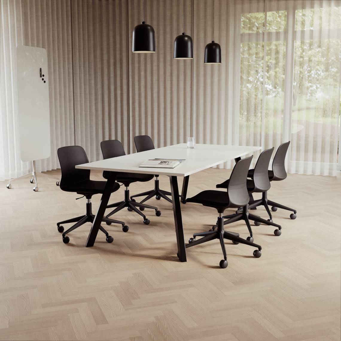Konferencesæt Viggo + Ergo 006C, Størrelse 6 pladser (220 cm), Bordplade Hvid, Understel Sort, Stol Sort