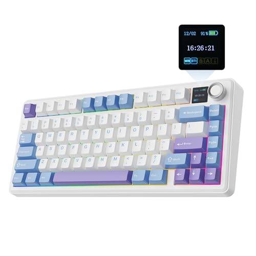 EPOMAKER X Aula F75 MAX trådlöst mekaniskt tangentbord med TFT-skärm och knapp, Gasket 75 % amerikansk layout, Hot Swappable speltangentbord för PC/Mac/Linux (vit lila, Reaper-brytare)