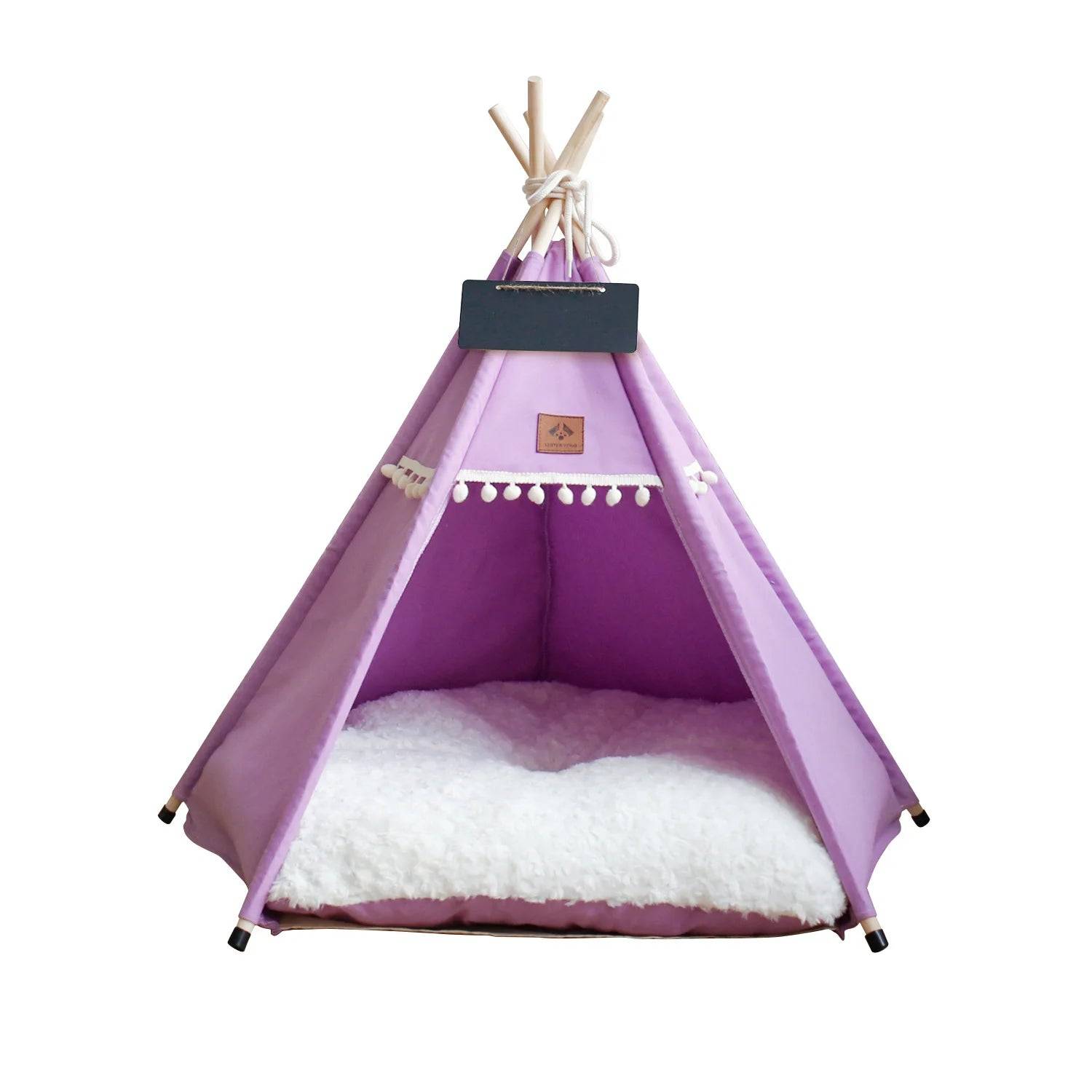 Indoor Pet Teepee Tent Bed with Thick Cushion – Canvas, Washable - PURPLE / 50x50x60cm (50x50x60cm)