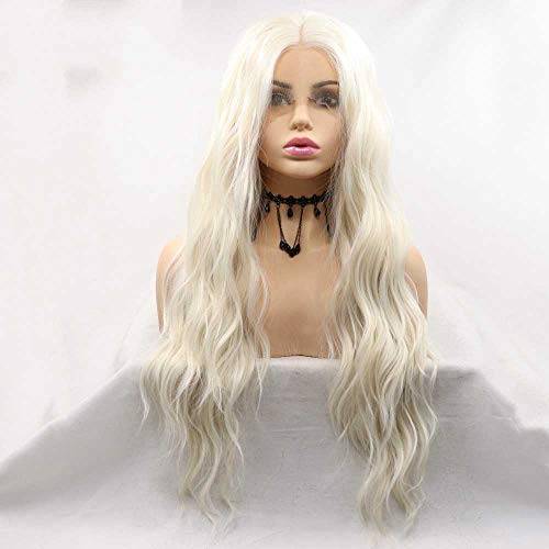Xiweiya peruker platina blond 60 # färg vit blond syntetisk spets framsida blond våg hår peruk värmebeständig fiber långa vågiga peruker (60#)