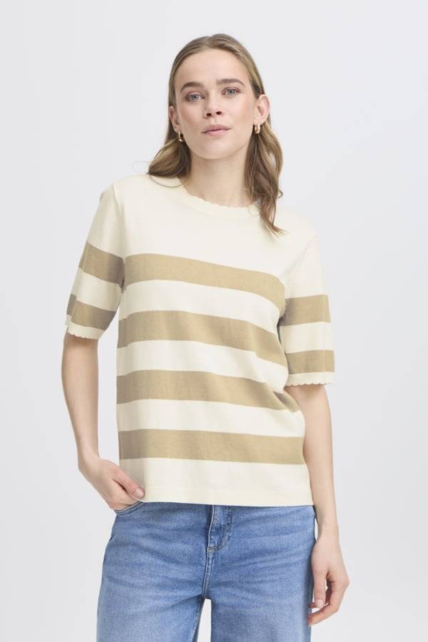 Fransa Frcontrast PU 2 Dam Kortärmade T-shirts Stl. L  - Whisp White W. Travetine Strip (L)