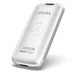 iDiskk 1 TB extern solid state-enhet upp till 2 000 MB/s, USB 3.2 Gen 2 x 2 USB-C SSD, högpresterande bärbar SSD med USB-C-kabel, fickstorlek 2 000 MB/s USB-C-flashenhet, fotominnestick (silver)