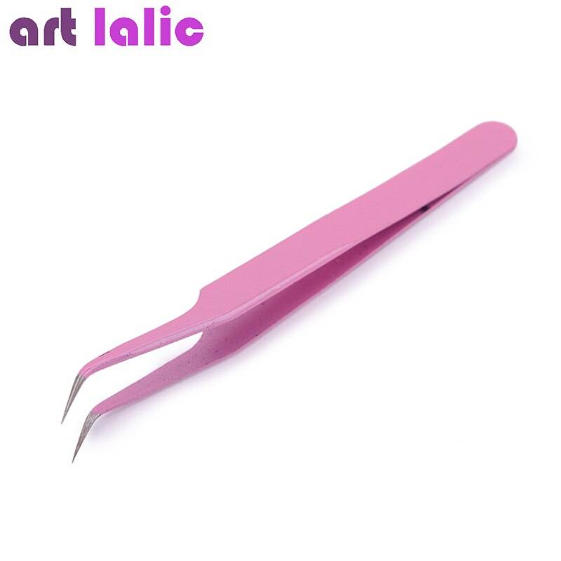 Rosa pincett i rostfritt stål raka/böjda nail art plocka upp verktyg ögonfransförlängning pincett pincett spetsad nypp klämma