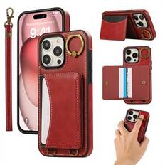 För iPhone 14 Pro Max PU-läderbakskal med kortfodral, telefonöverdrag med kickstand och handledsrem