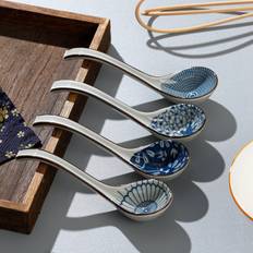 TEMU 4pcs Ceramic Soup Spoons Traditional Blue And White Porcelain Design With Ceramic Handles For Home Use, Serving Soup, , And Broth