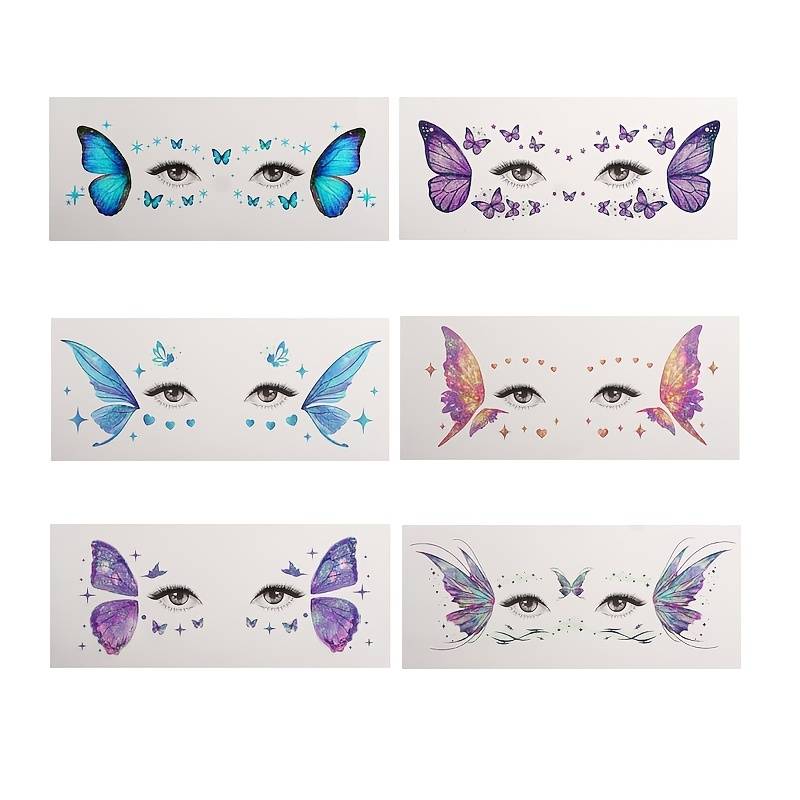 6pcs Glitter Temporary Face Tattoo Stickers, Women's Eye And Face Makeup Decoration; Sparkling Ethereal Body Art, Glitter Waterproof Fake Tattoos, Stage Performance And Holiday Party Eye Makeup Decor