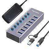 Tccmebius USB 3.0 Hub 7 portar med 12V/3A Strömförsörjning, Aluminium USB 3.0 Hub för 5Gbps Dataöverföring med Lysdiodindikator Och Individuell Strömbrytare, 2-i-1(USB A/C) Datakabel 100CM (TCC-T307U)