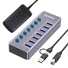 Tccmebius USB 3.0 Hub 7 portar med 12V/3A Strömförsörjning, Aluminium USB 3.0 Hub för 5Gbps Dataöverföring med Lysdiodindikator Och Individuell Strömbrytare, 2-i-1(USB A/C) Datakabel 100CM (TCC-T307U)