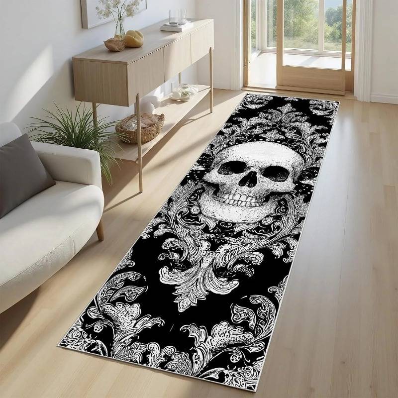 Skull Pattern Gothic Runner Rug Red Black Rose Decor Carpet Soft Non-Slip Art Home Decor Mat Hallway Living Room Bedside