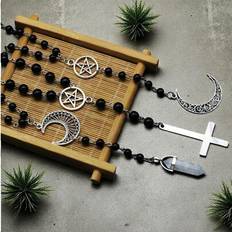 Vintage silverfärgad halvmåne kors pentagram ihåligt hänge svarta bönepärlor radband chokerhalsband justerbar kedja gotisk charm häxig hednisk wicca s - Multifärgad (En-Storlek)