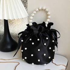 Fashion Chain & Faux Pearl Decor Bucket Handbag, Solid Color Shoulder Bag For Women, Elegant Faux Pearl Bag - Black - one-size
