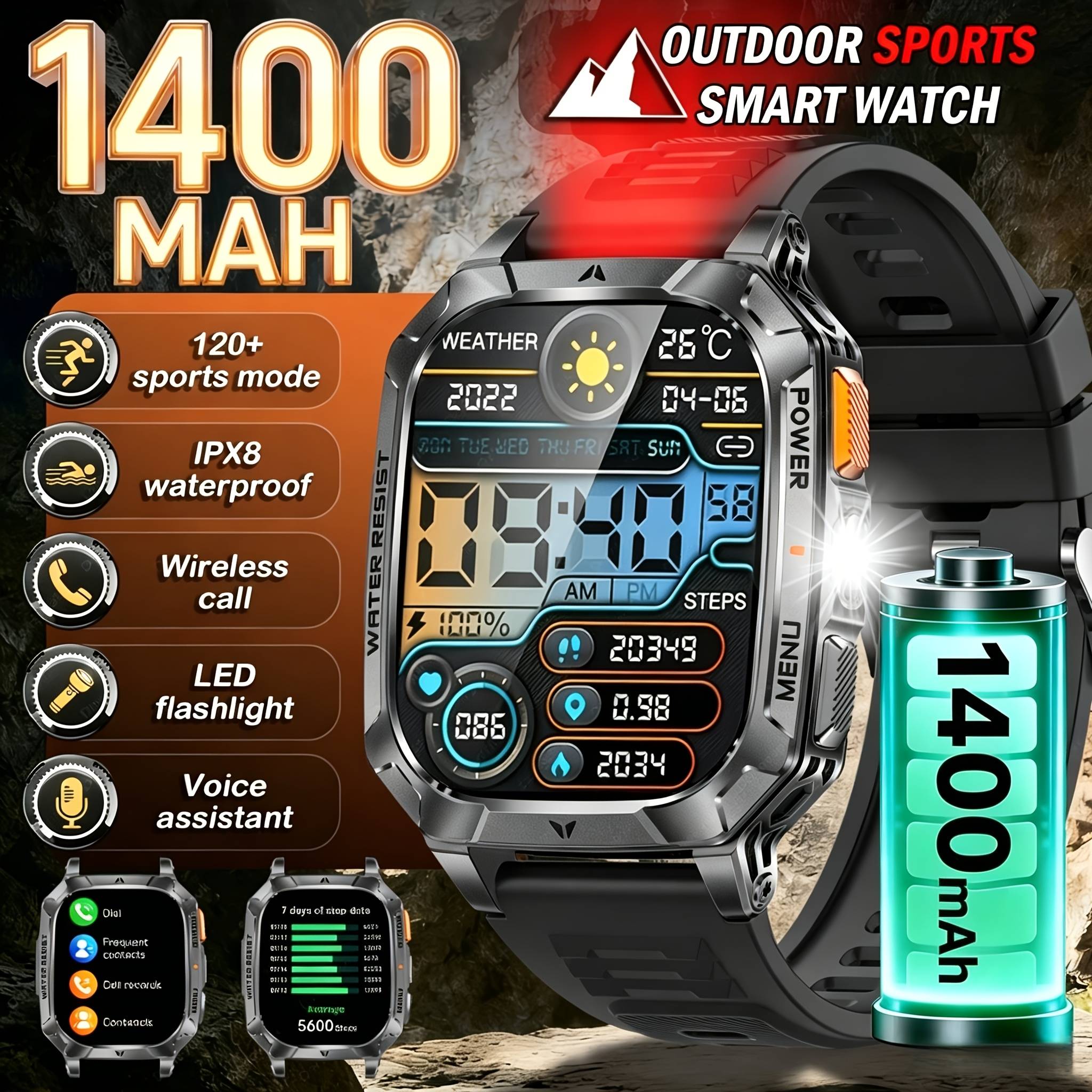 Outdoor Smart Watch With Flashlight And Sos Alarm, 2.01'' Large Display 1400mah Long , 100 Fitness Waterproof Activity Band Gift For Men Women Ios