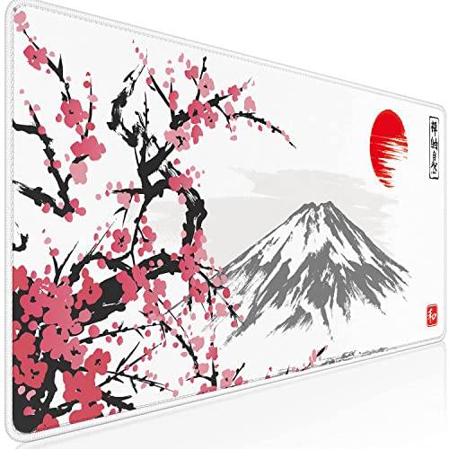 Owege Gaming musmatta Sakura vit XXL 900 x 400 mm premium Japan Fuji-musmatta stora sydda kanter vattentät halkfri för PC, MacBook, bärbar dator