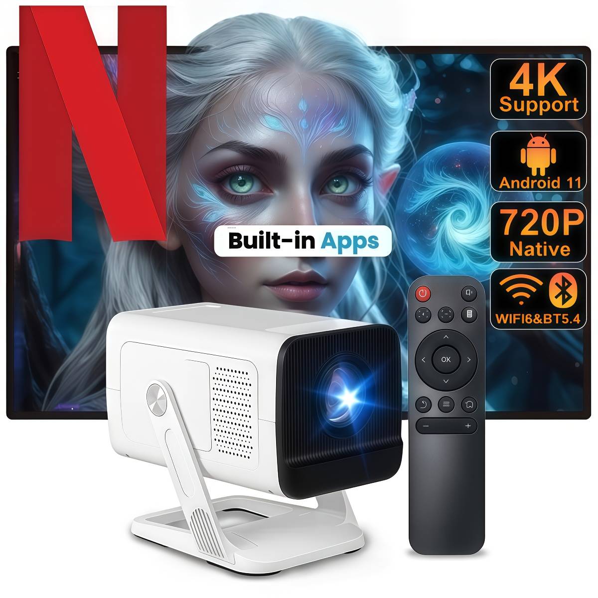 TEMU [0.8:1 Short Throw] 4k Support 11 Projector With Wifi 6 And Bt 5.2 | 410 Ansi, Local 720p Auto Keystone Portable Smart Projector For Home Theater Movie, Indoor & Bedroom, White