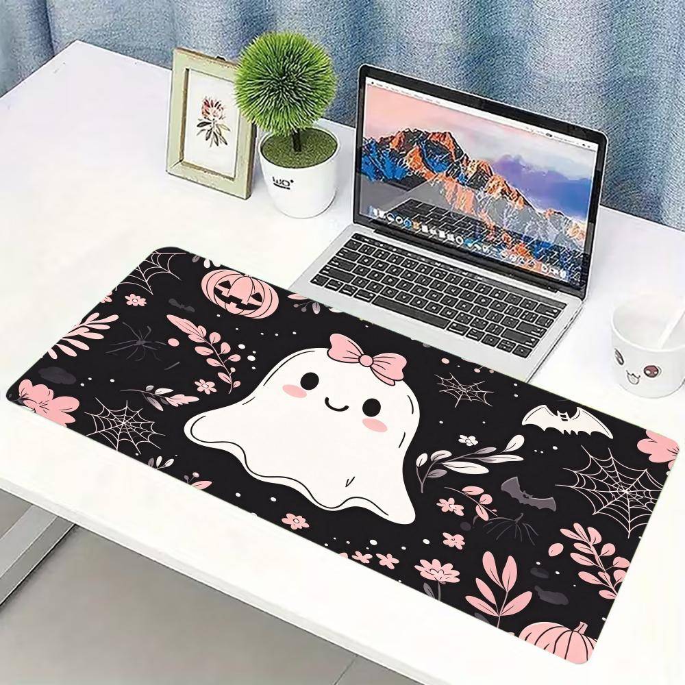 Cute Pink Halloween Ghost Large Extended Gaming Mouse Pad Non Slip Desk Mat Floral Bat Pumpkin Gothic Pattern Keyboard Desk Mat