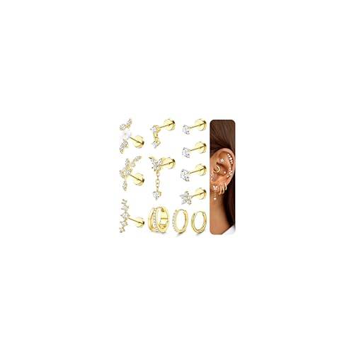 Adramata 16 g 18 g 20 g helix piercingar dam flatback örhängen creoler set | 12 enskilda örhängen i rostfritt stål med zirkon, flatback och creoler för individuell kombination och lager