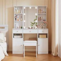 Stort sminkbord, sminkbord med justerbar LED-belysning, med spegel och sminkpall, 3 lådor och 2 dörrar, sovrumsvitt, mått: H151 cm * B110 cm * D40 cm