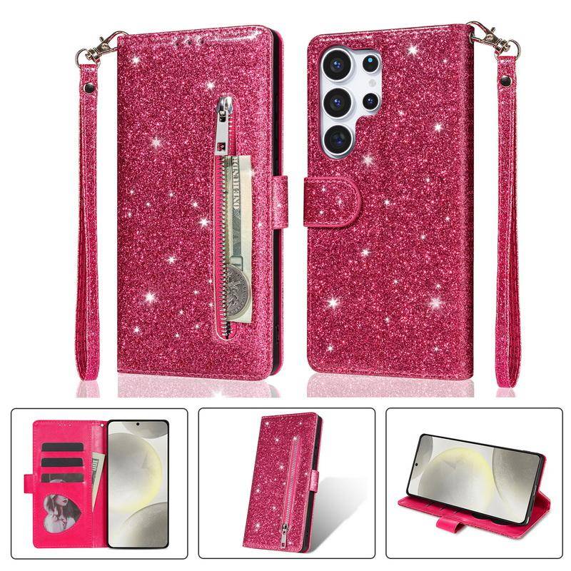 Glitter Dragkedja Läder Fällbart Plånboksfodral För Samsung A57 A37 A17 A56 A36 A26 A16 A55 A35 A25 A15 A54 A34 5G S21 FE S22 S23 S24 Plus S25 Edge S2