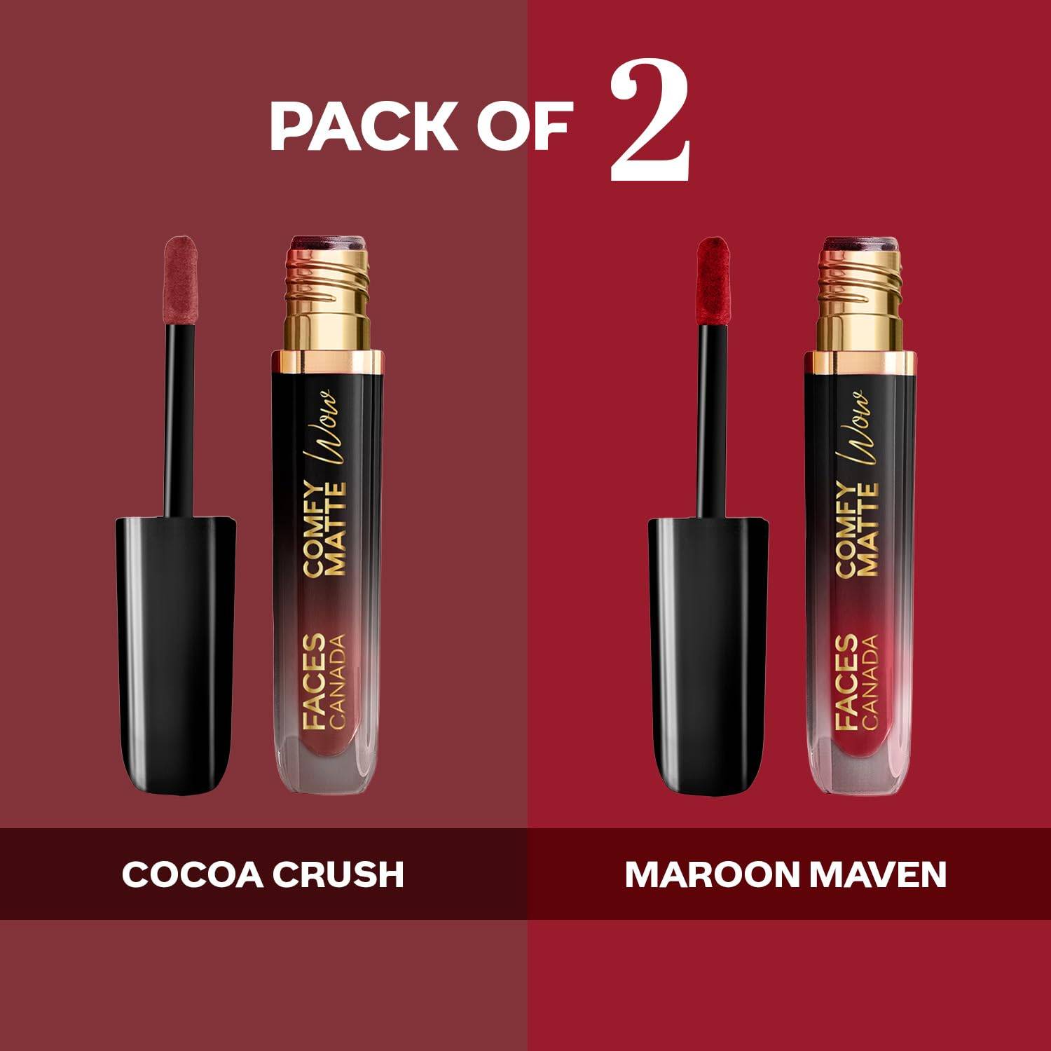 FACES CANADA Comfy Matte Wow Flytande Läppstift - The Bold Edit, (3,8 ml x 2) | Cocoa Crush 07 + Maroon Maven 05 | Långvarig | Matt Finish | Läppst bl