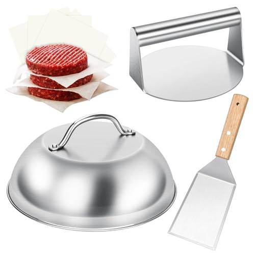 LEFUYAN Smash Burger Set 4-delars Burger-set i rostfritt stål med 50 ark paraffinpapper, Burgerklocka Melting Dome, Burger Bred Spatel, Grill Tillbehör för Utomhus och Inomhus