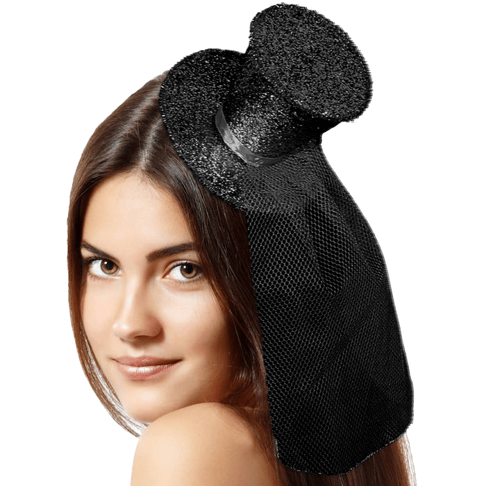 Sort mini glitter top hat med slør.