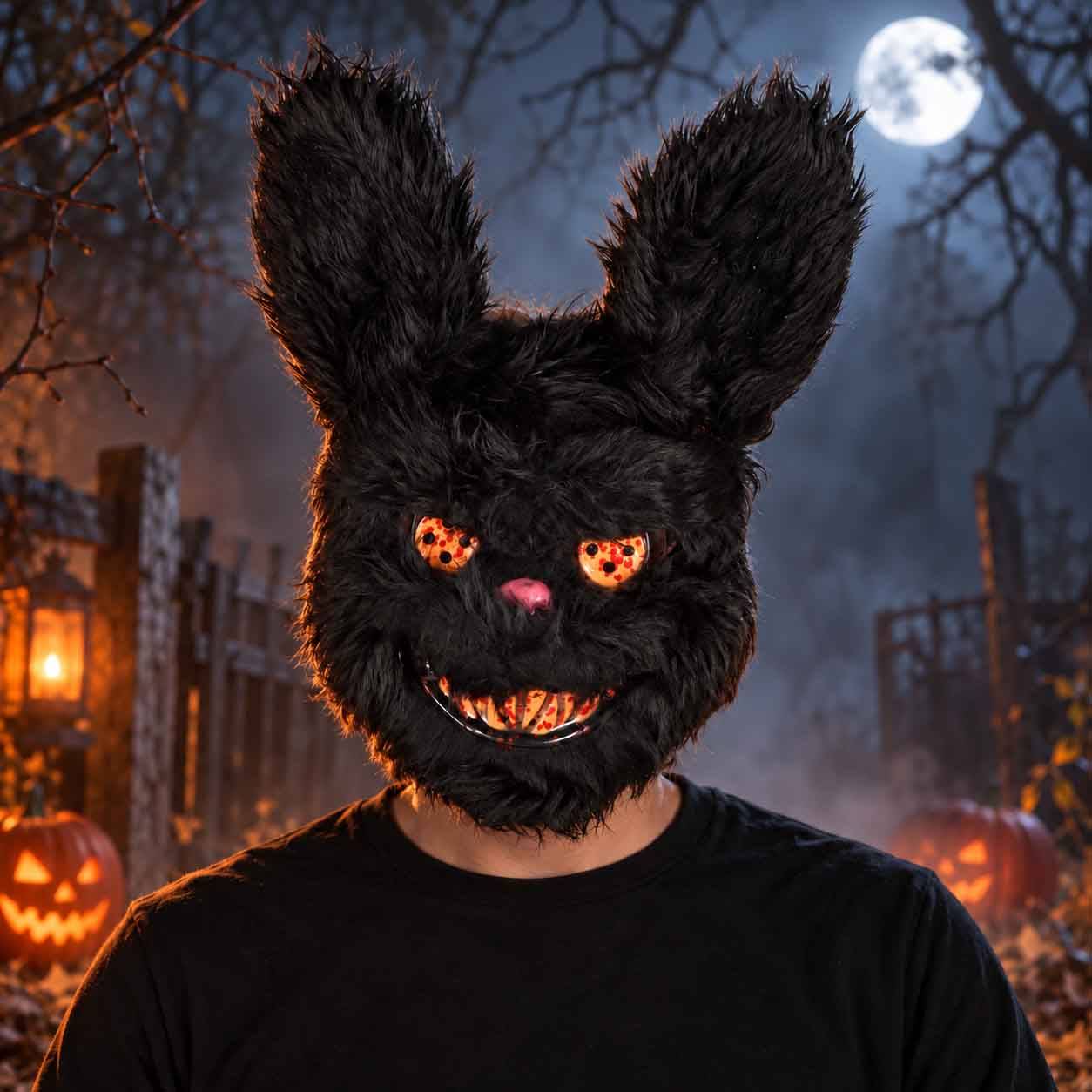 Skræmmende sort kaninmaske med kunstig pels.