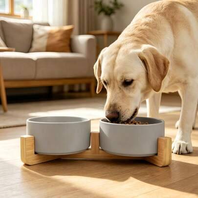 1 st grå upphöjd matskål för katt och hund i keramik med halkfritt träställ för små husdjur, rund, diskmaskinssäker, lätt att rengöra, för hem och kök (S)