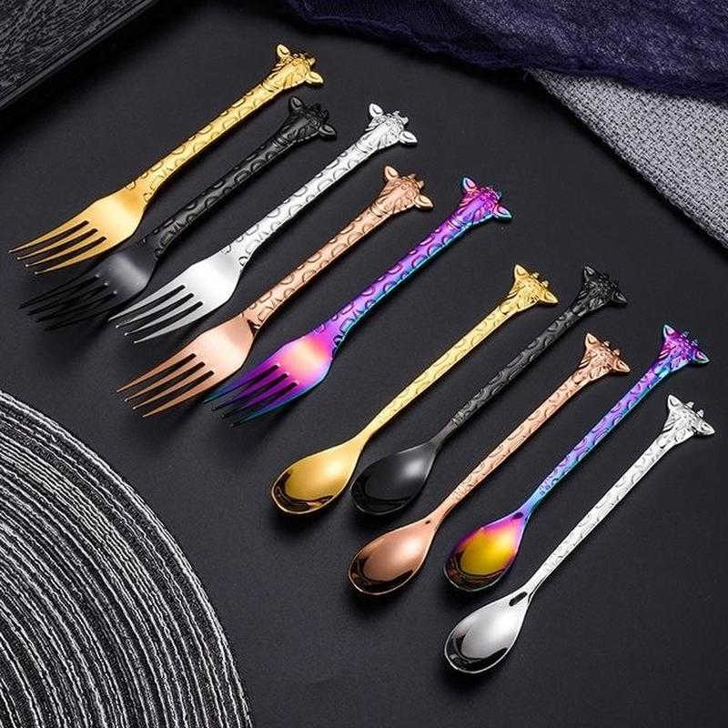 1pc rostfria kaffeskedar tecknad giraffformad sked djurkaka dessert gaffel sked kaffesked - Rosa guld / Sked