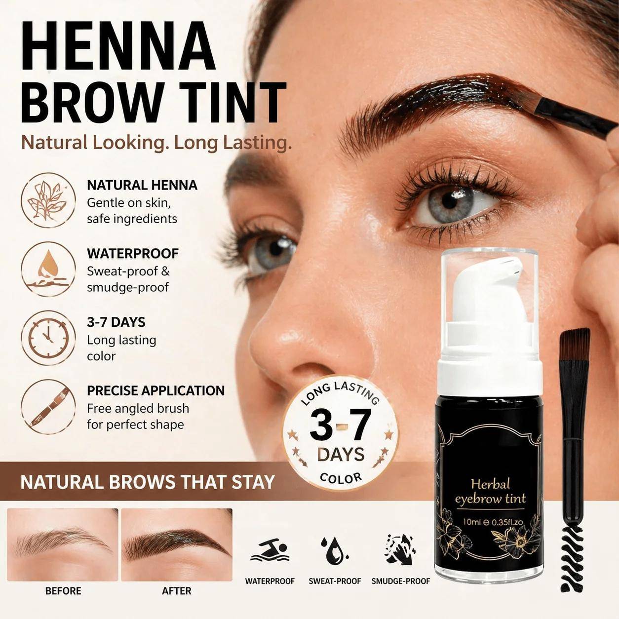 Professional Henna Brow Tint Kit Black Brown Smudge-proof & Long Lasting Eyebrow Dye for Home Use Natural Looking Brow Enhancer