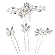 Bröllopshårprylar, Brudhårspärlor, Set of 4 Bridal Handmade Wedding Hair Accessories U-Shape Hair Pins Vintage Crystal Pearl Hair Comb Headdress(Silver)