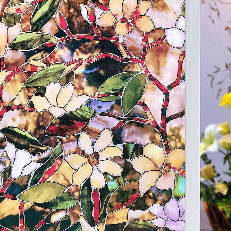 Fönsterfilm med blommigt mönster och "färgat glas" - 30x200 cm