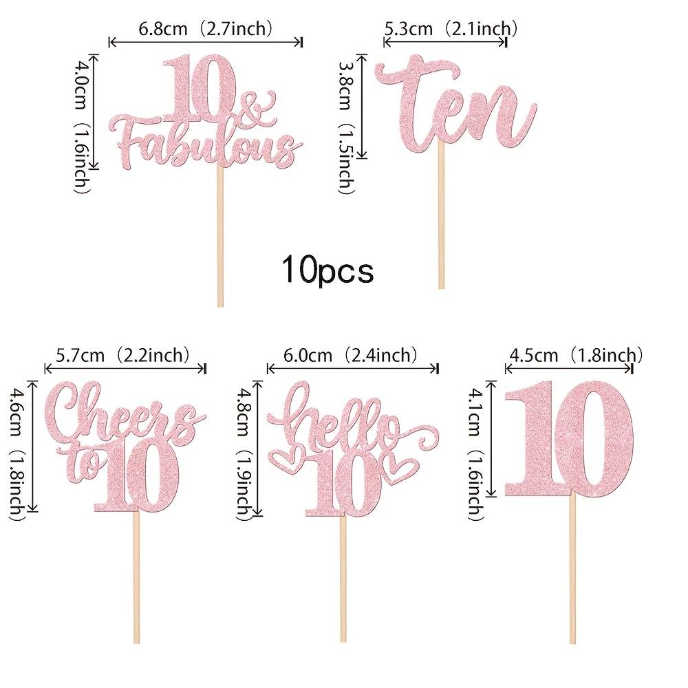 10pcs/20pcs 10th Birthday Cupcake Topper Glitter 10th Happy Birthday 10th Cake Picks, For 10th 10th Birthday Wedding Anniversary Party Cake Decorations (pink), Halloween, Christmas