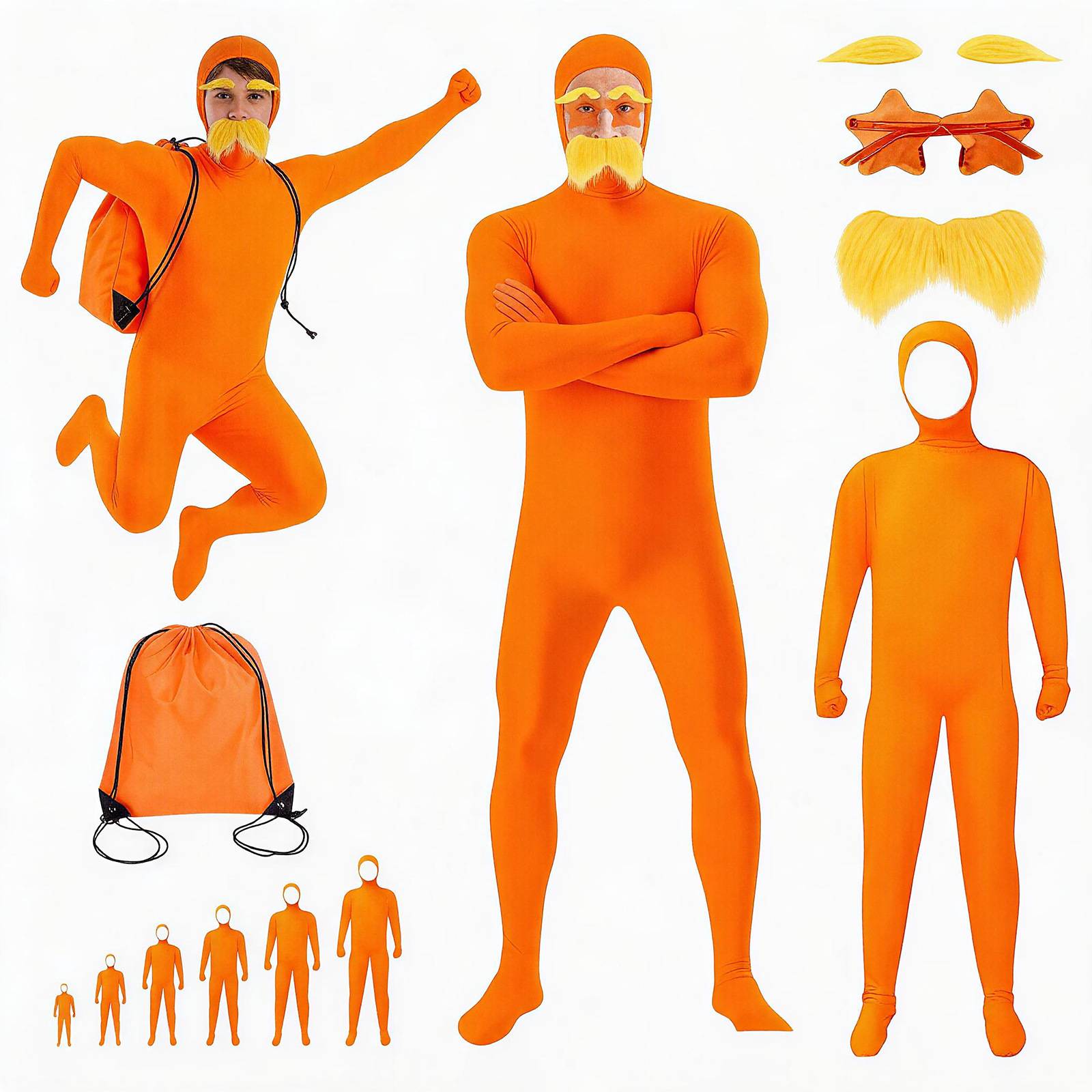 Halloween Cosplay Party Jumpsuit Orange Costume Yellow Moustache And Eyebrow Baring Orange Bodysuit Masquerade Outfits