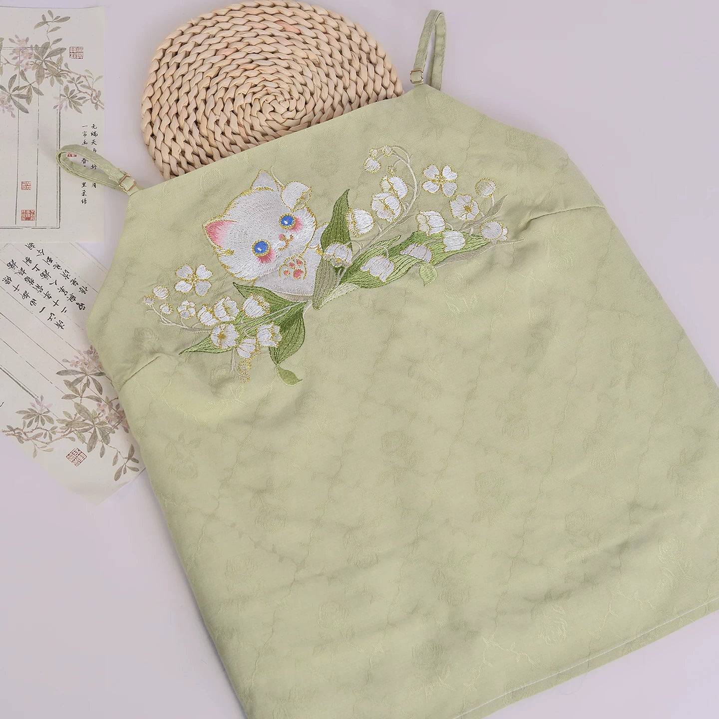 Hanfu Embroidered Sling Top | Cat Print Camisole Vest | National Style Daily Wear - Lily of the Valley cat sling (spot, cotton lined) / XL
