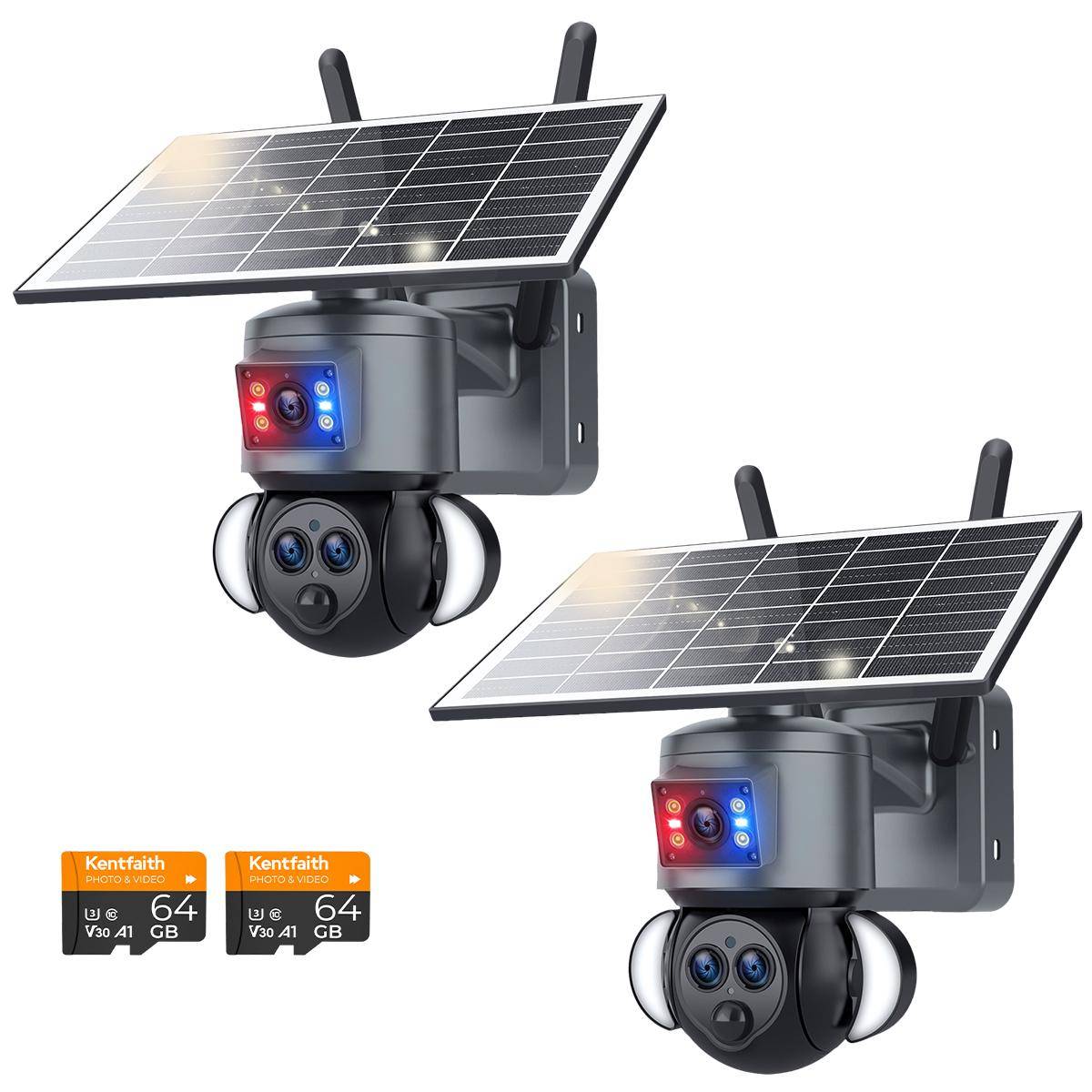 KENTFAITH WiFi Security Camera with 15X Hybrid Zoom, Triple Lens, 6MP, Dual Views, Solar Powered, 360° Live View, Color Night Vision, 2-Cam Pack, Kentfaith