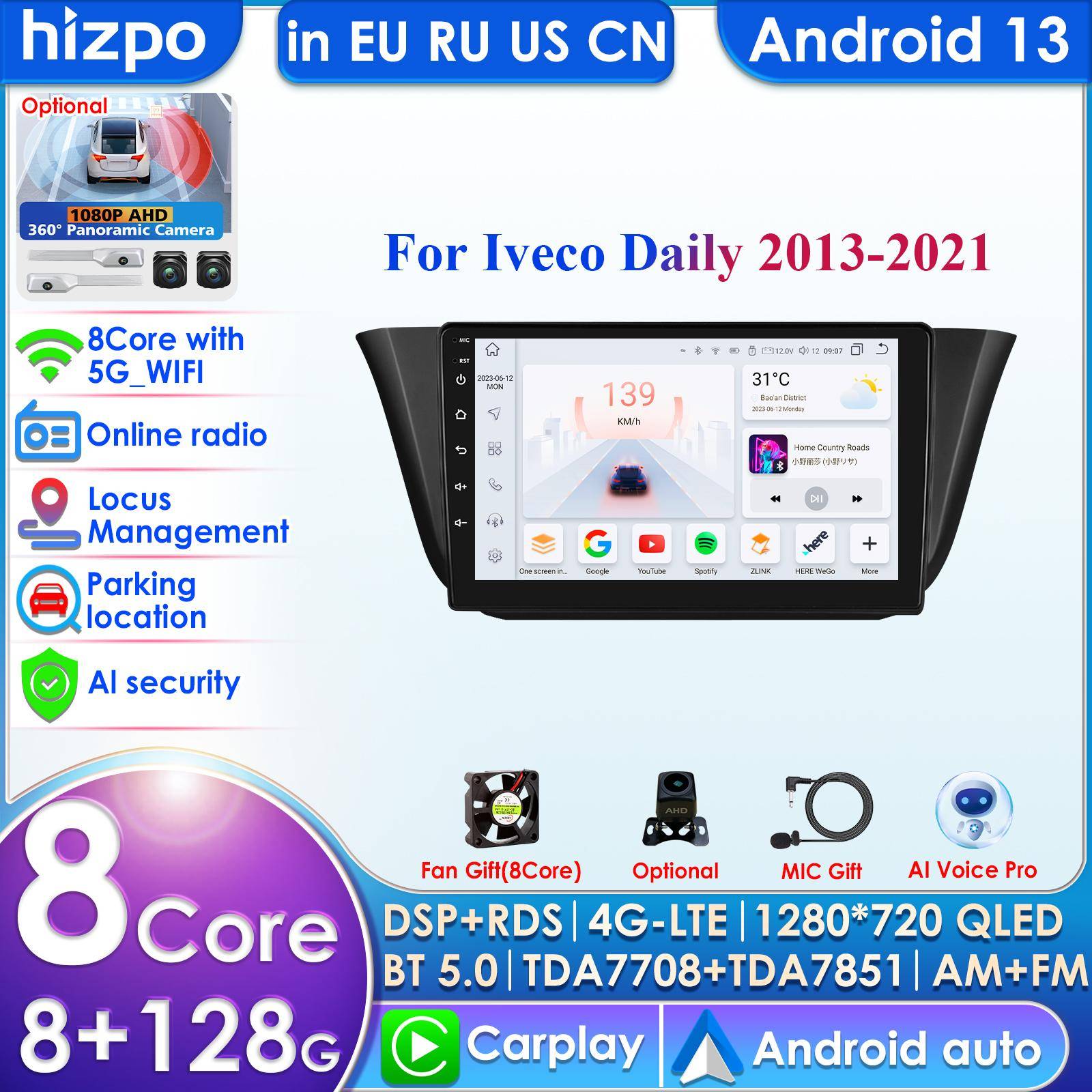 Hizpo 4G 9'' AI Intelligent System Trådlös CarPlay Android Auto Radio för Iveco Daily 2013-2021 Bil Multimedia GPS 2din Intelligent Skärm DVR Kamera