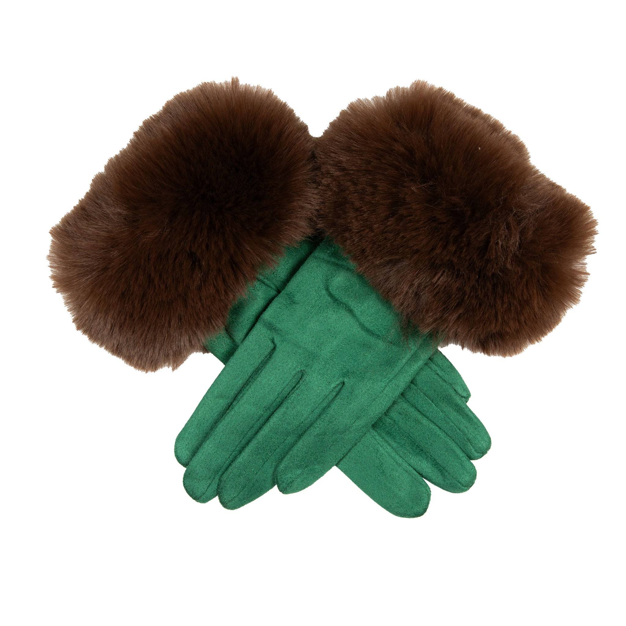 Women's Touchscreen Velour-Lined Faux Suede Gloves with Faux Fur Cuffs - EMERALD/CHOCOLATE / ONE
