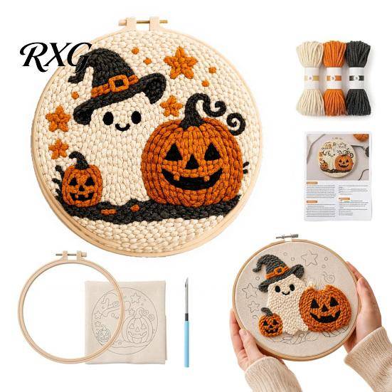 Punch Needle-kit för nybörjare Halloween-kit, Pumpa-spöke-hantverk med tematiskt nålstickningsset Broderibåge, Enkelt konstprojekt för vuxna black