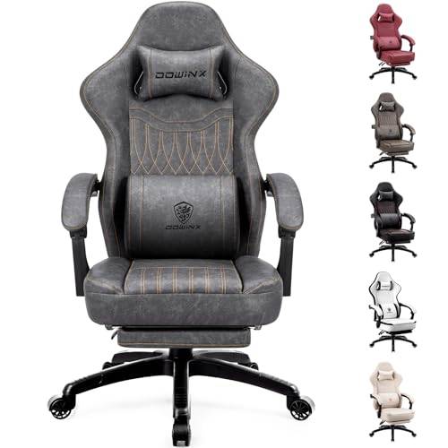 Dowinx Gamingstol med vårkudde, racinggamerstol med massage, ergonomisk gamingfåtölj med fotstöd kontorsstol PU läder grå, LS-665703
