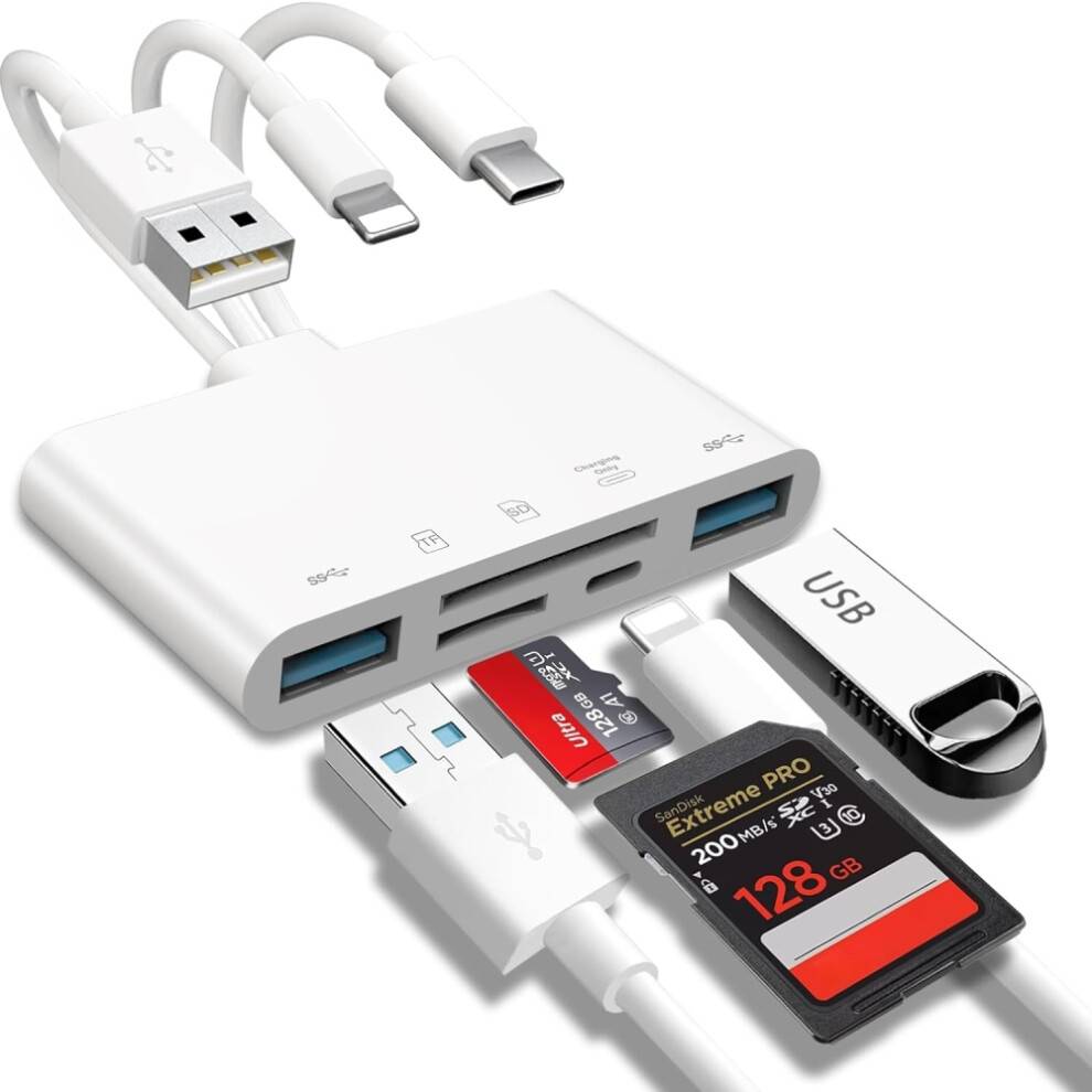 Hukommelseskortlæser til iPhone iPad Android, MFi-certificeret højhastighedsoverførsel USB C SD TF-adapter, dobbeltstik til