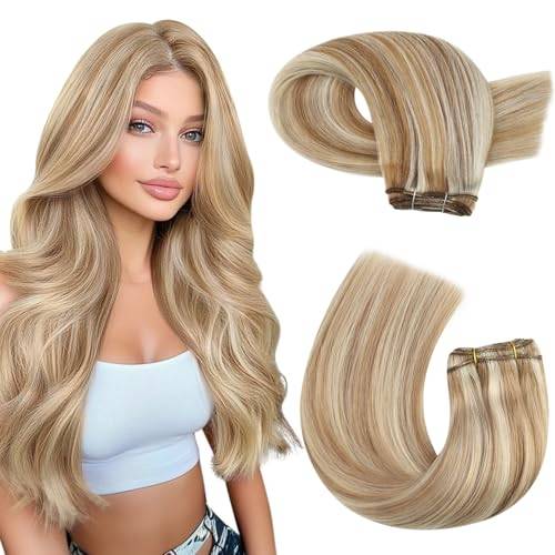 Moresoo Remy hårförlängning äkta hår Remy Weaving Extensions ljusbrun höjdpunkt med blond Weave in Extensions hårklippare äkta hår #P6/60 100 gram 50 cm