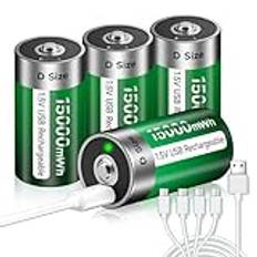 Palogreen USB D-batteri litium/15 000 mWh – 4 stycken 1,5 V USB D-cellbatterier uppladdningsbara batterier snabbladdning på 4 timmar med typ C laddningskabel