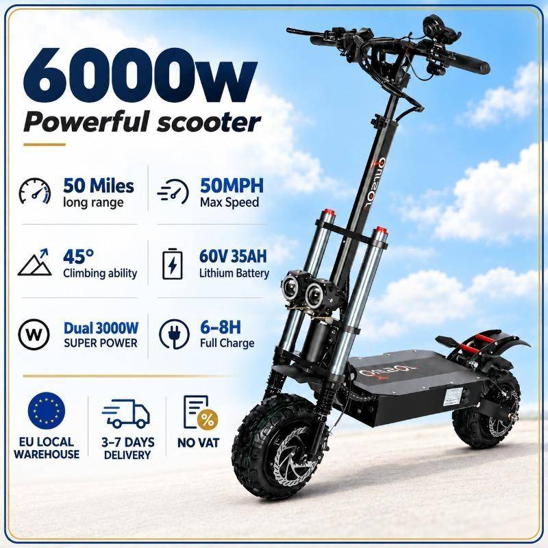 E5B Elscooter med Säte, 6000W Dubbla Motorer, 60V 40AH Batteri, 11  Däck, Topphastighet 85 km/h, Dubbla Hydrauliska Stötdämpare, Max Räckvidd 120km