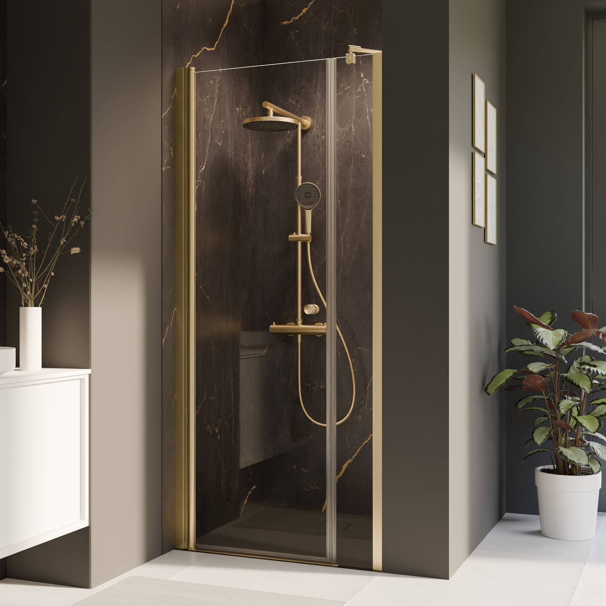 BREUER - ELANA 2.0 - Nichedør m. fast panel - Guld/Messing profiler - Klart Glas - Flere størrelser Specialmål (725-2000mm) Højre hængslet