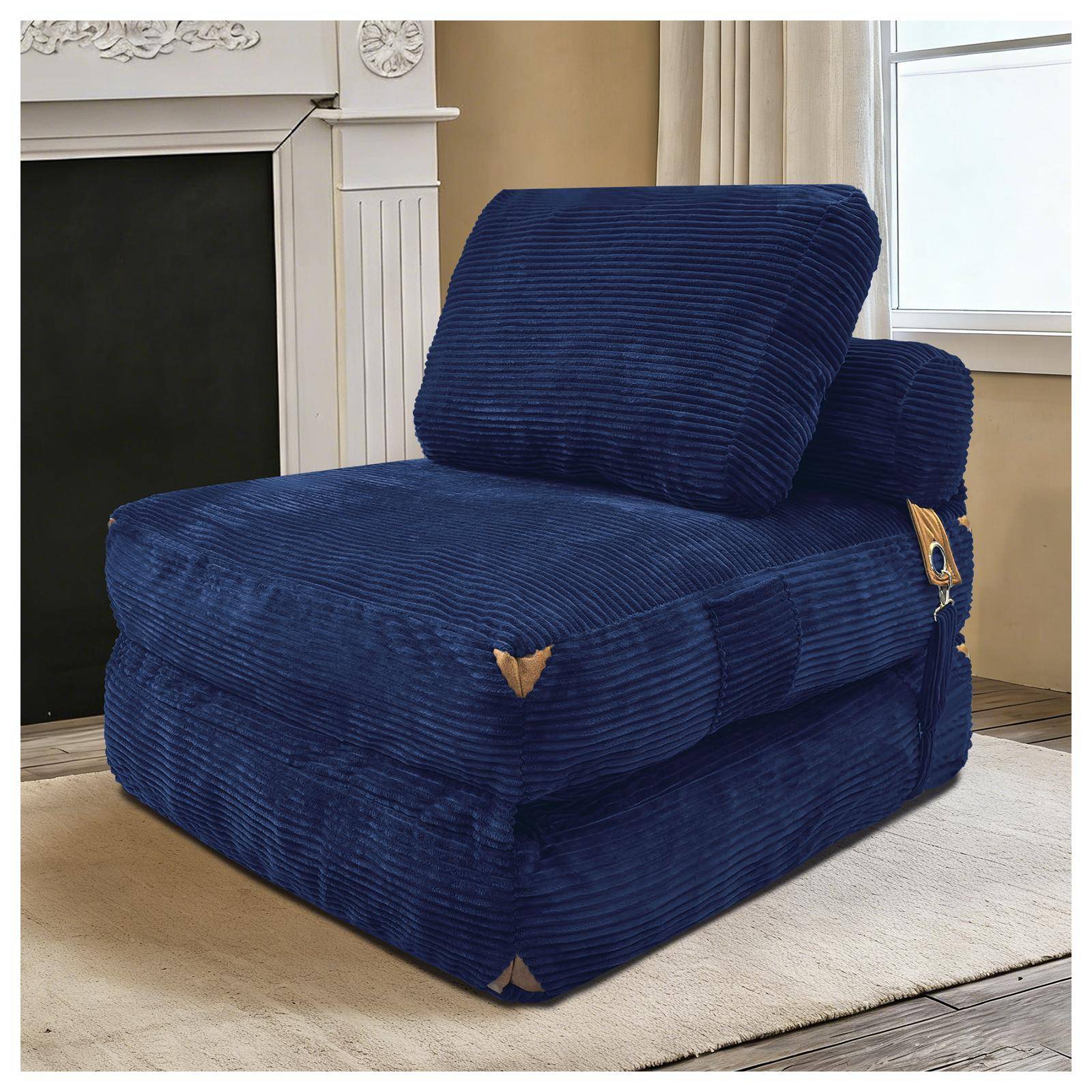 3-in-1 Convertible Corduroy Floor Sofa Bed with Side Pockets, Oversized Chaise Lounge for Bedrooms, 87L x 86W x 40H cm, Blue Aosom UK