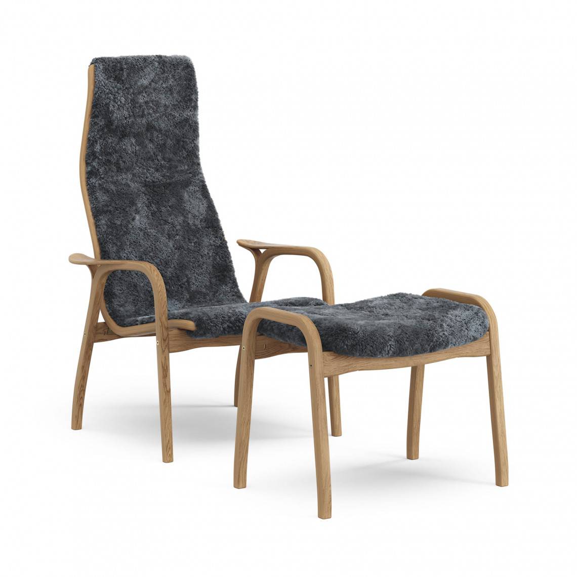 Lænestol + skammel Lamino, Farve fåreskind Charcoal, Skelet Olieret eg.