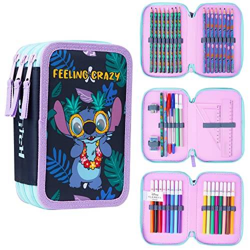 Disney Stitch pennfodral med brevpapper för flickor frysta fyllda blyertsfodralskolan tillförsel färgpennor färgade markörer stitch gåvor för flickor, En storlek, Stitch Triple Zip
