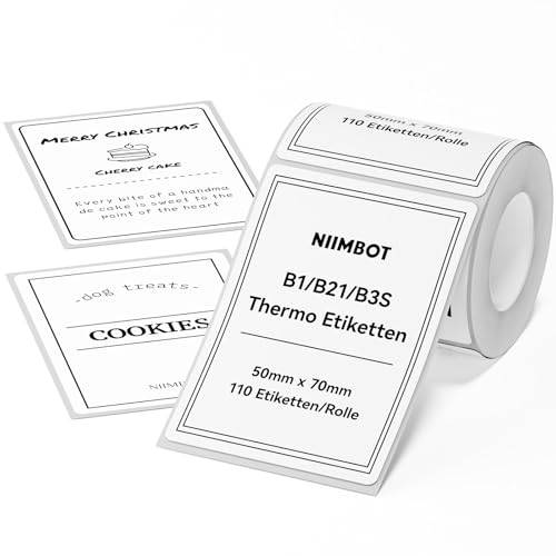NIIMBOT Termiska etiketter självhäftande, B1/B21/B3S etiketttejp, papper för skola, hem, kontor, små företag (vit rektangel – 50 x 70 mm)